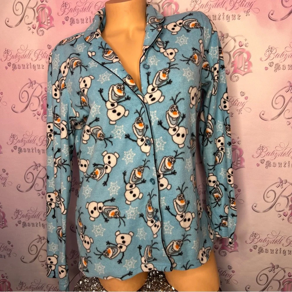 Disney Olaf PJ shirt button up long sleeve fleece soft cozy blue white orange - Picture 4 of 5